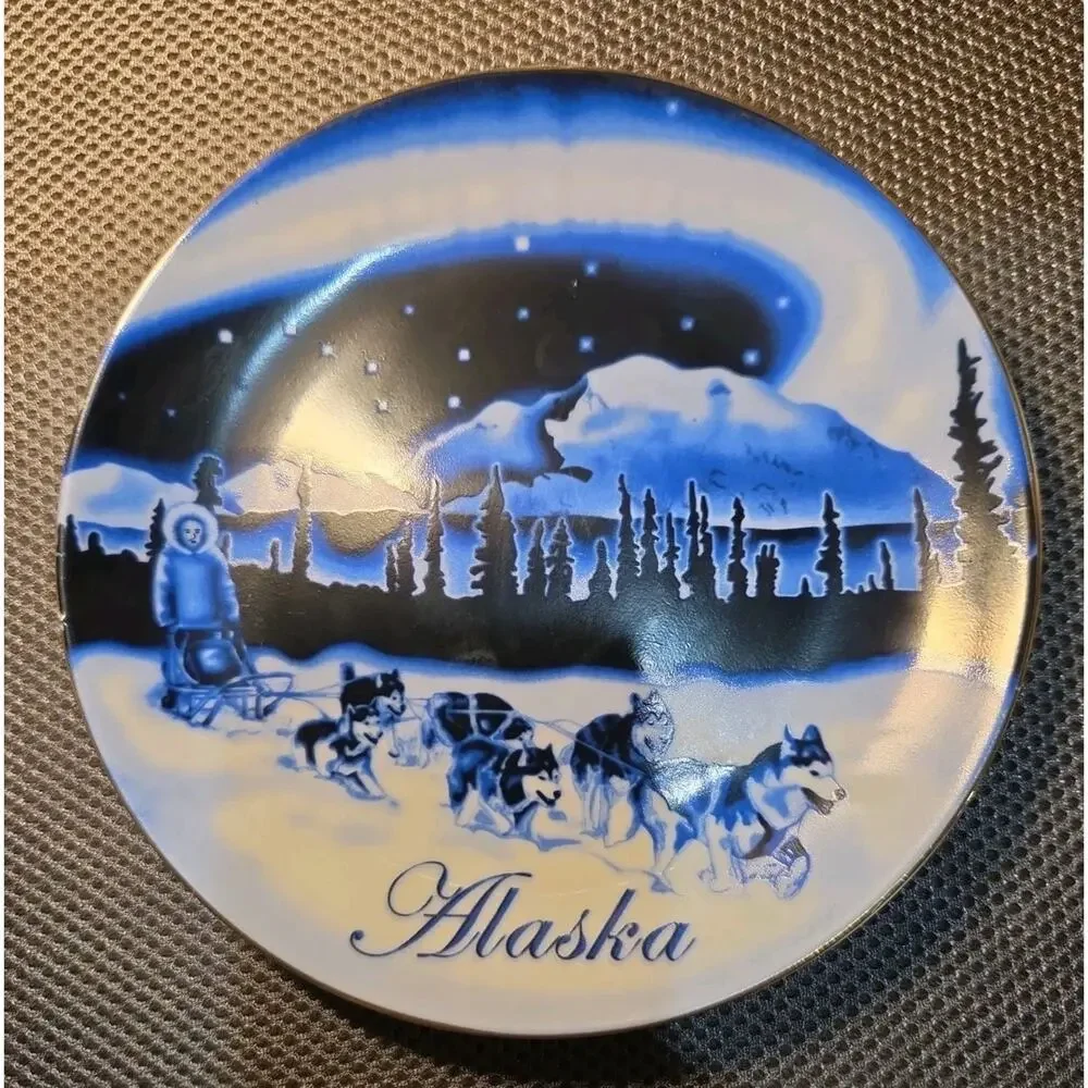 Alaska Souvenir Plate Flow Blue Design Dog Sled